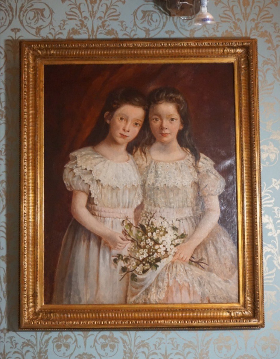 French School / Two Sisters With A Bouquet Of Flowers / Around 1880 / Oil On Canvas-photo-6