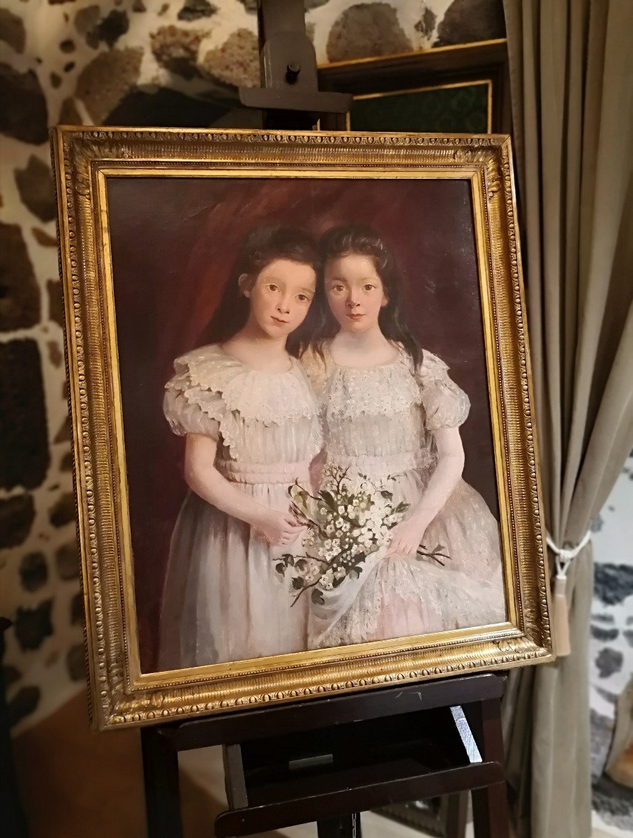 French School / Two Sisters With A Bouquet Of Flowers / Around 1880 / Oil On Canvas-photo-7