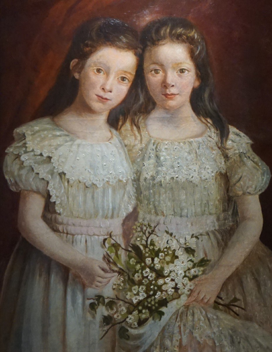 French School / Two Sisters With A Bouquet Of Flowers / Around 1880 / Oil On Canvas