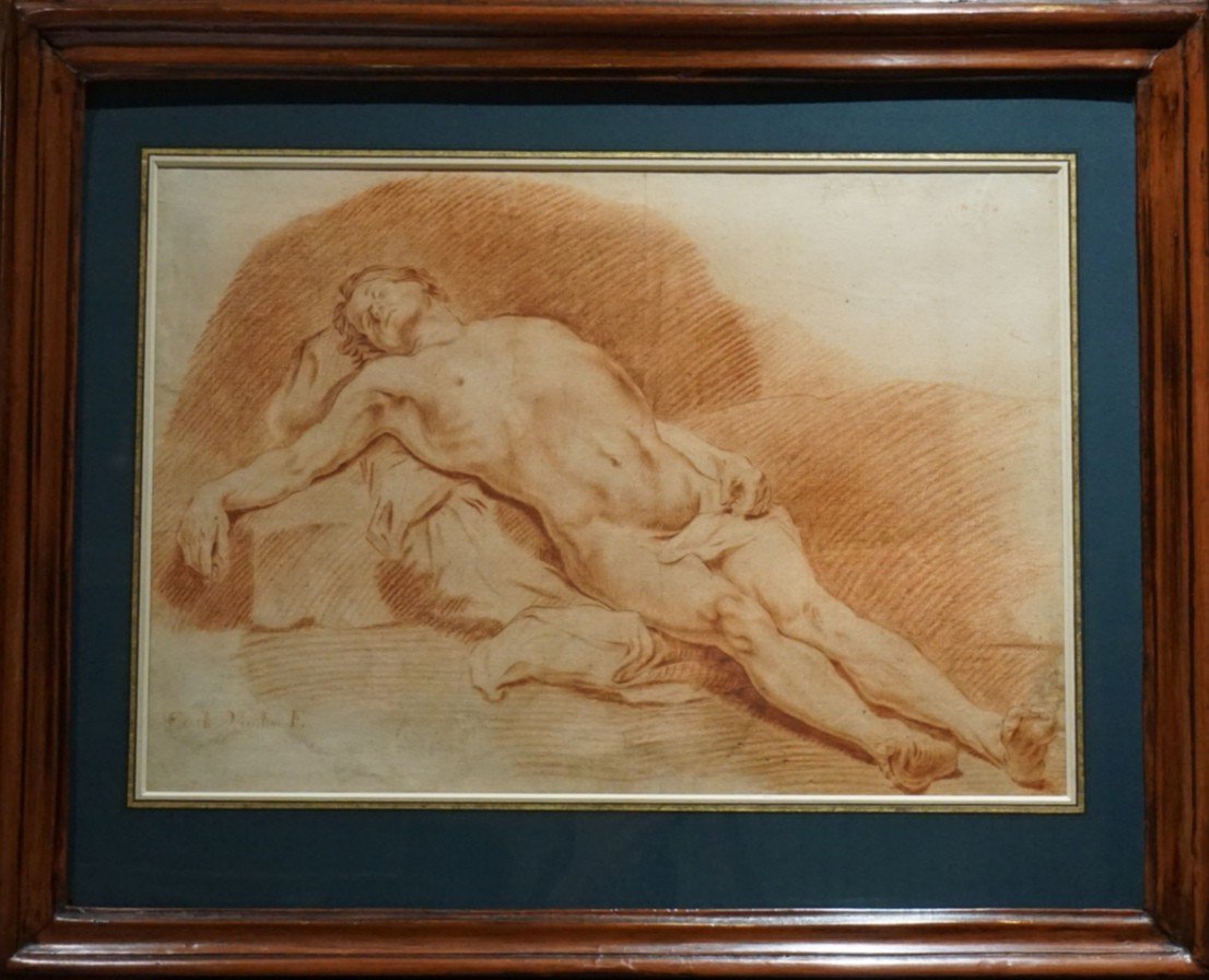 Dessin XVIII ème Siècle /  Académique d'Homme Nu Couché Sur Une Pierre / Sanguine -photo-1