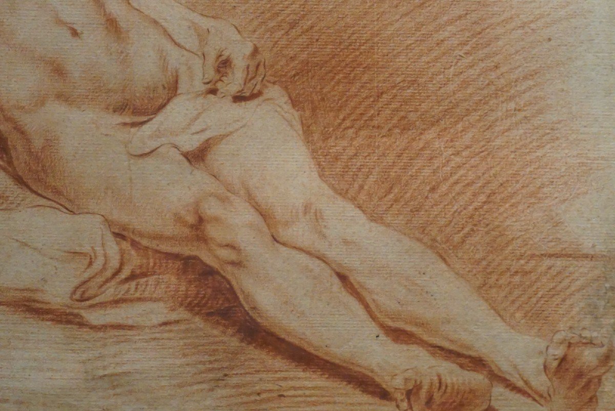 Proantic Th Century Drawing Naked Man Lying On A Stone Sanguine