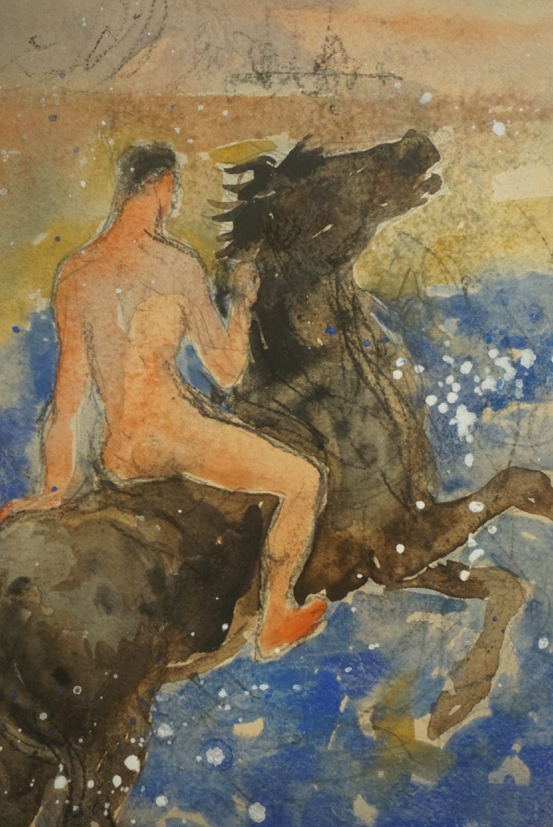 JEAN-YVES COMMÈRE (1920-1986) / Aquarelle / CHEVAL NOIR -photo-4