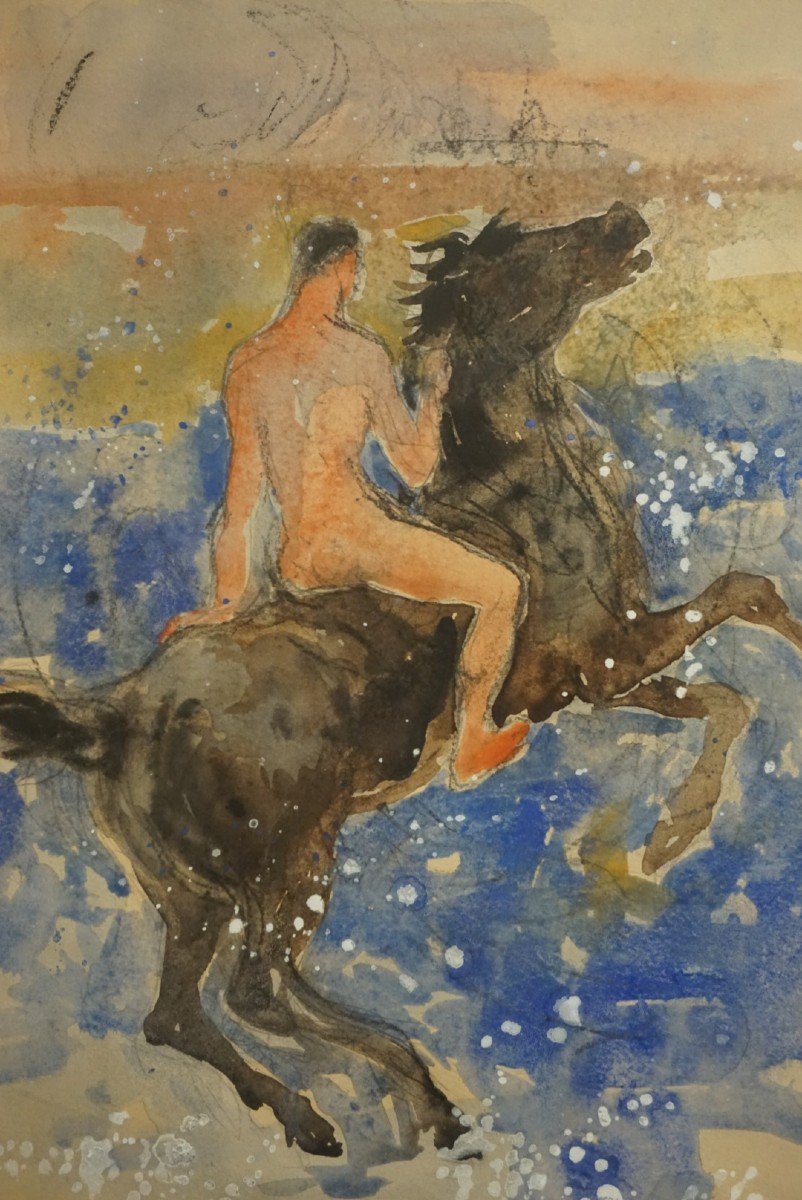 JEAN-YVES COMMÈRE (1920-1986) / Aquarelle / CHEVAL NOIR -photo-1