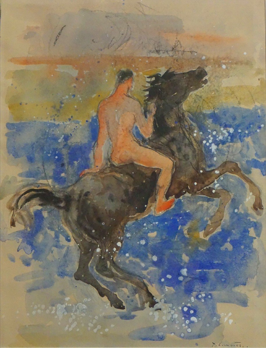 JEAN-YVES COMMÈRE (1920-1986) / Aquarelle / CHEVAL NOIR 