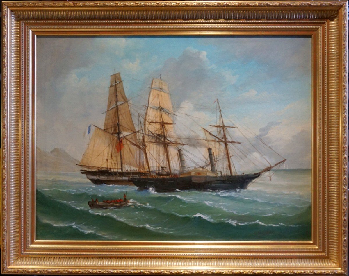 ÉCOLE FRANÇAISE  XIXème siècle / Navires à voile et à vapeur: passé et futur /  huile sur toile-photo-2