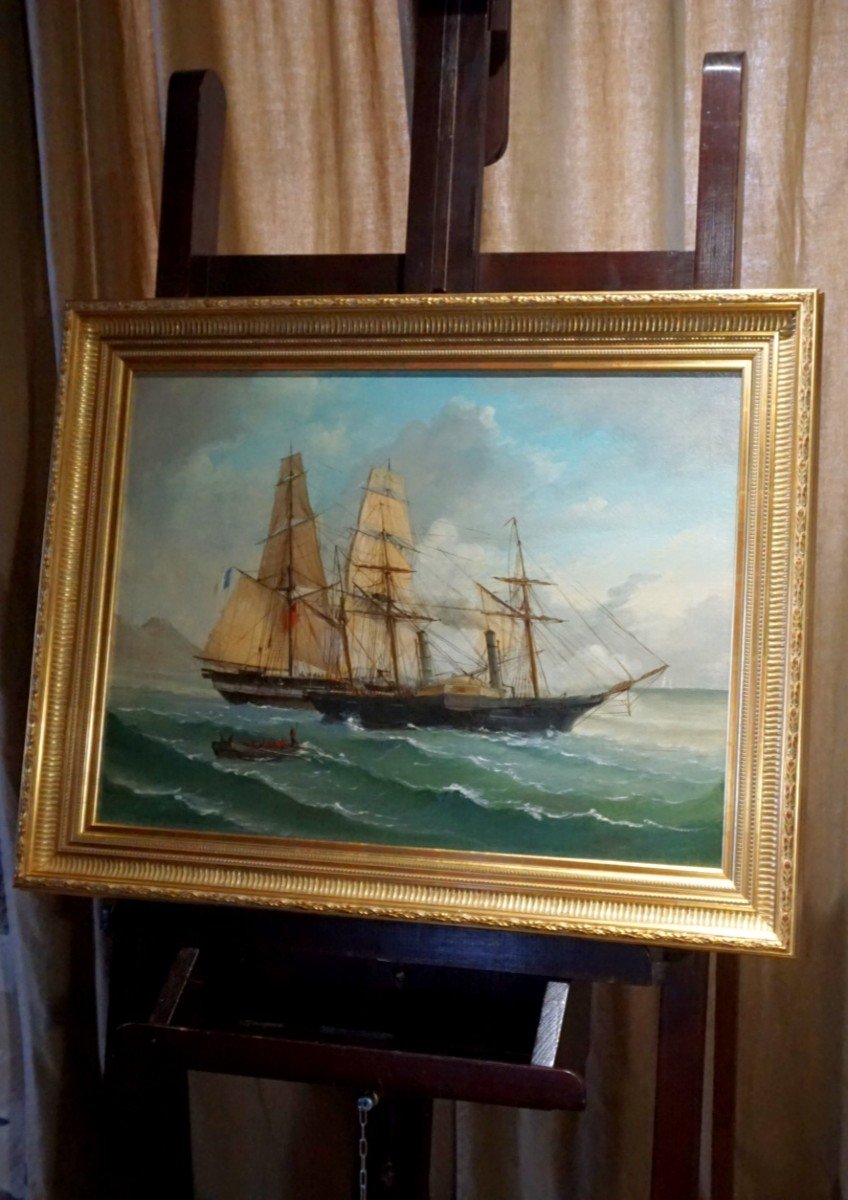 ÉCOLE FRANÇAISE  XIXème siècle / Navires à voile et à vapeur: passé et futur /  huile sur toile-photo-6