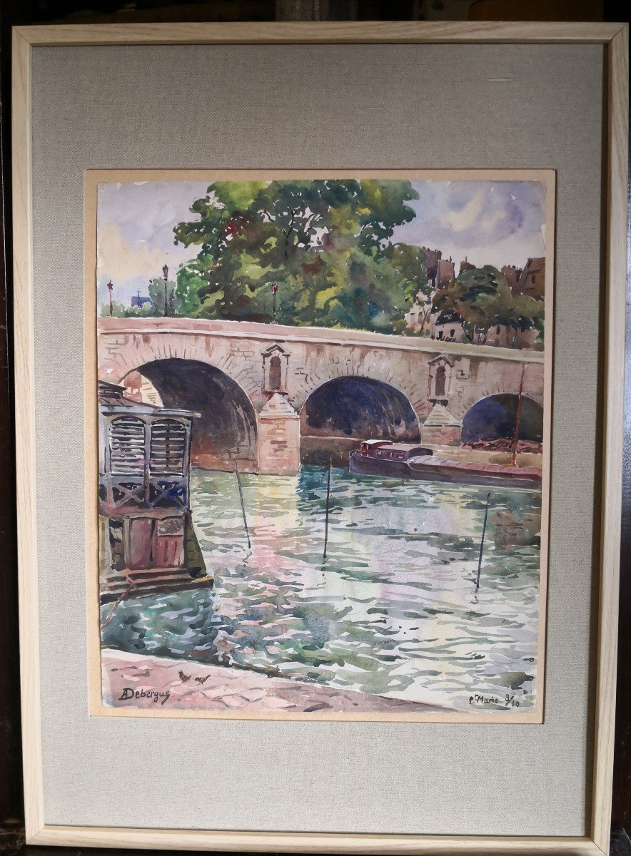 PONT MARIE EN BORD DE SEINE AVEC CABINE DE BAINS / PARIS / A.A. DEBERGUE (1872-1948) DATÉE AOÛT 1930 / AQUARELLE-photo-2