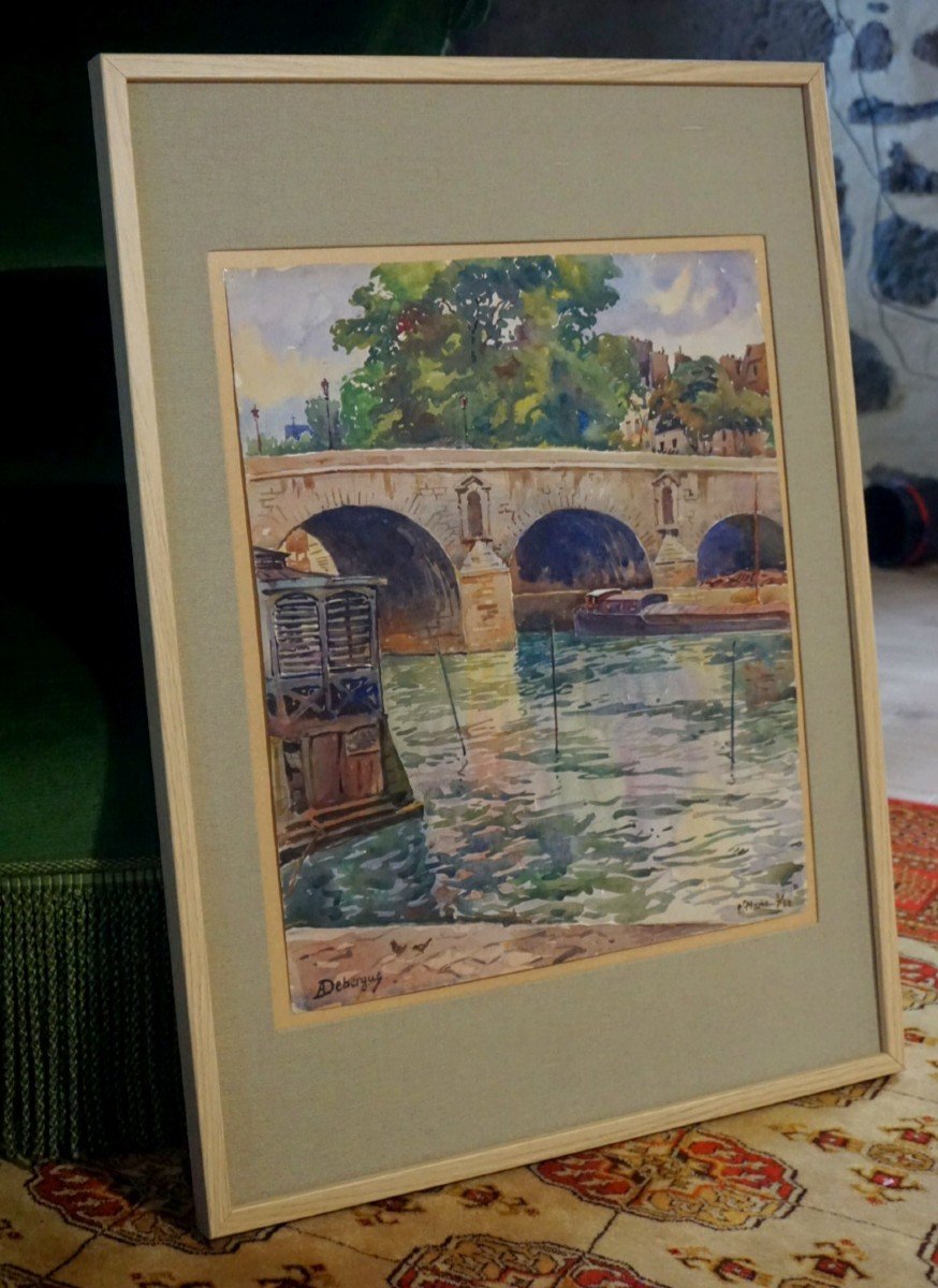 PONT MARIE EN BORD DE SEINE AVEC CABINE DE BAINS / PARIS / A.A. DEBERGUE (1872-1948) DATÉE AOÛT 1930 / AQUARELLE-photo-4