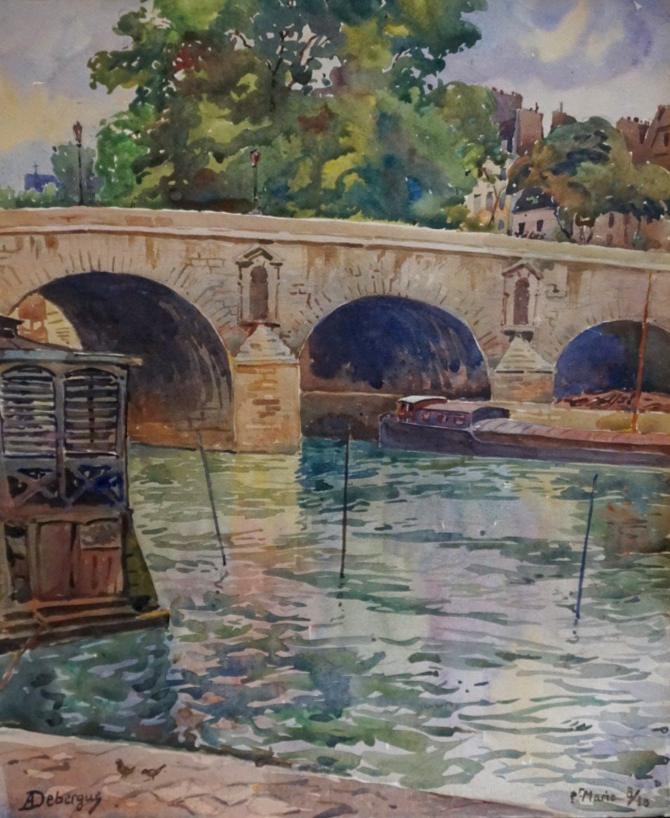 PONT MARIE EN BORD DE SEINE AVEC CABINE DE BAINS / PARIS / A.A. DEBERGUE (1872-1948) DATÉE AOÛT 1930 / AQUARELLE