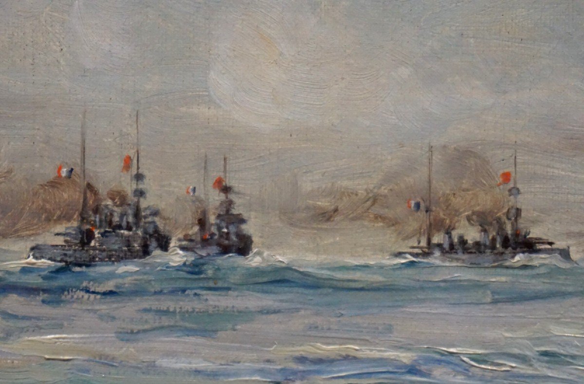 MILITARIA - CUIRASSÉS DE LA MARINE FRANÇAISE/ HUILE SUR TOILE DATÉE 1913 -photo-1