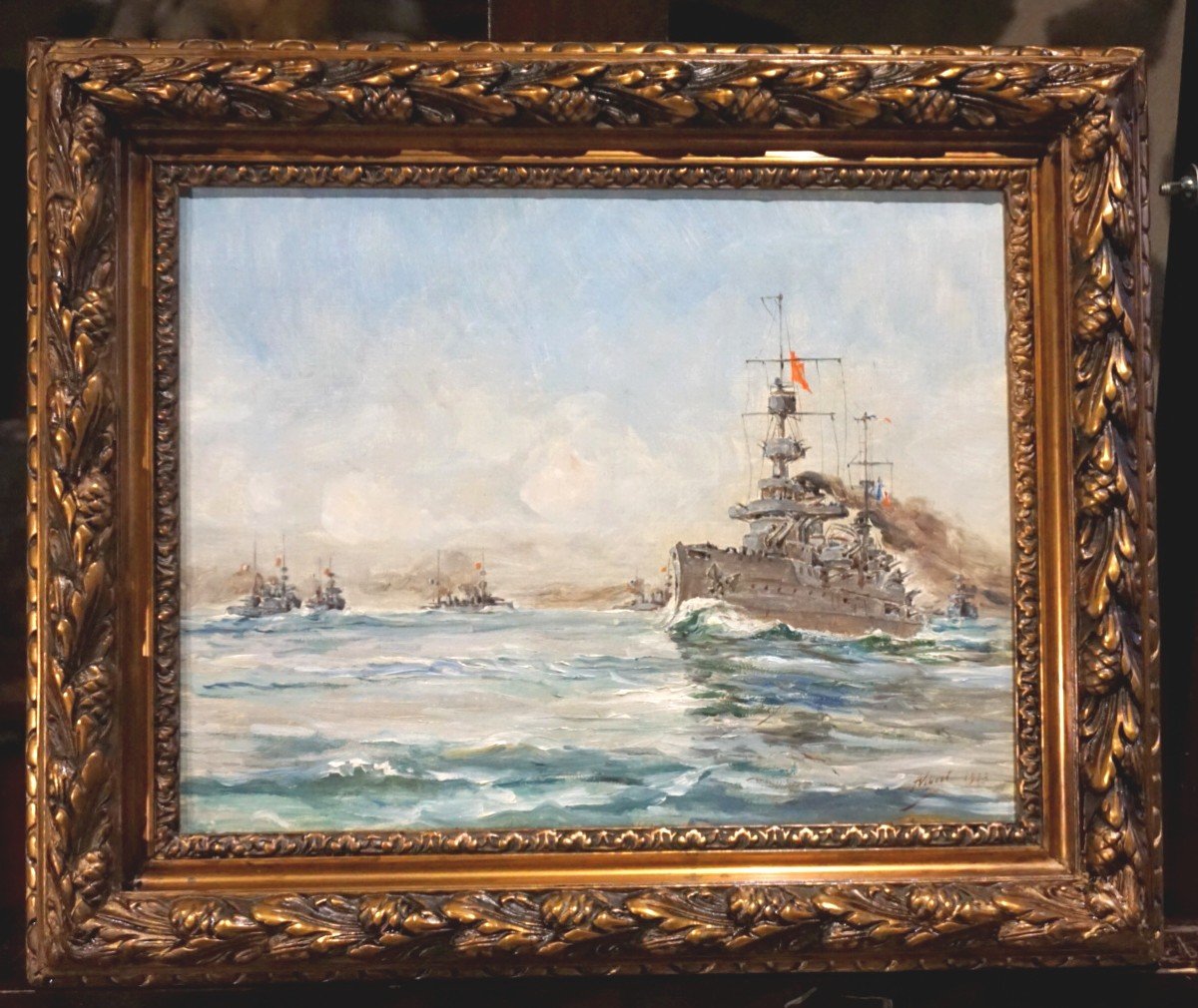 MILITARIA - CUIRASSÉS DE LA MARINE FRANÇAISE/ HUILE SUR TOILE DATÉE 1913 