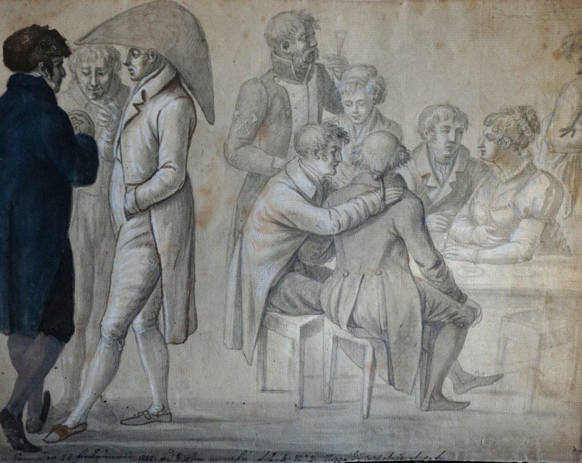 ÉCOLE ITALIENNE année 1808 / SCÈNE DE TAVERNE/ ÉPOQUE NAPOLÉONIENNE/ DESSIN-photo-2