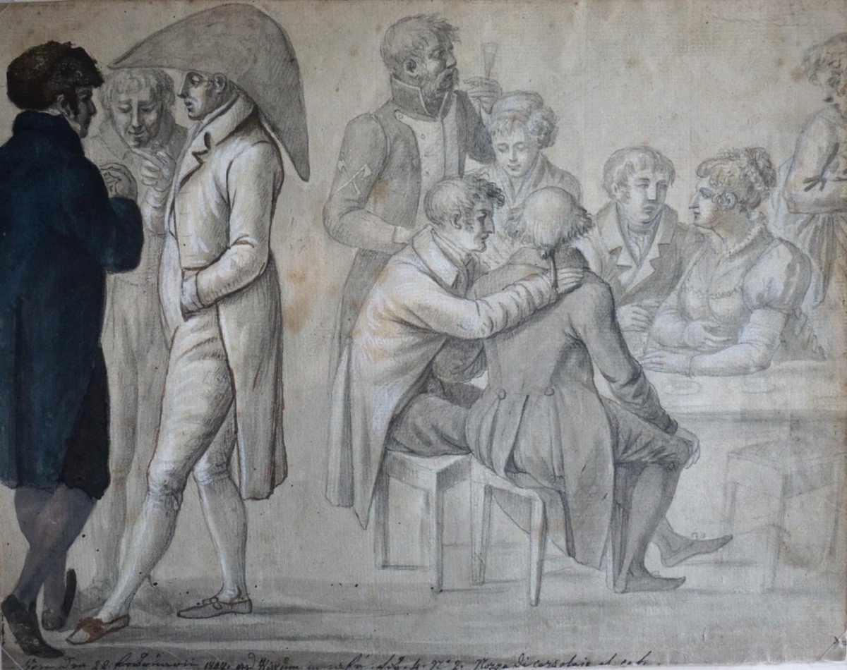 ÉCOLE ITALIENNE année 1808 / SCÈNE DE TAVERNE/ ÉPOQUE NAPOLÉONIENNE/ DESSIN-photo-6