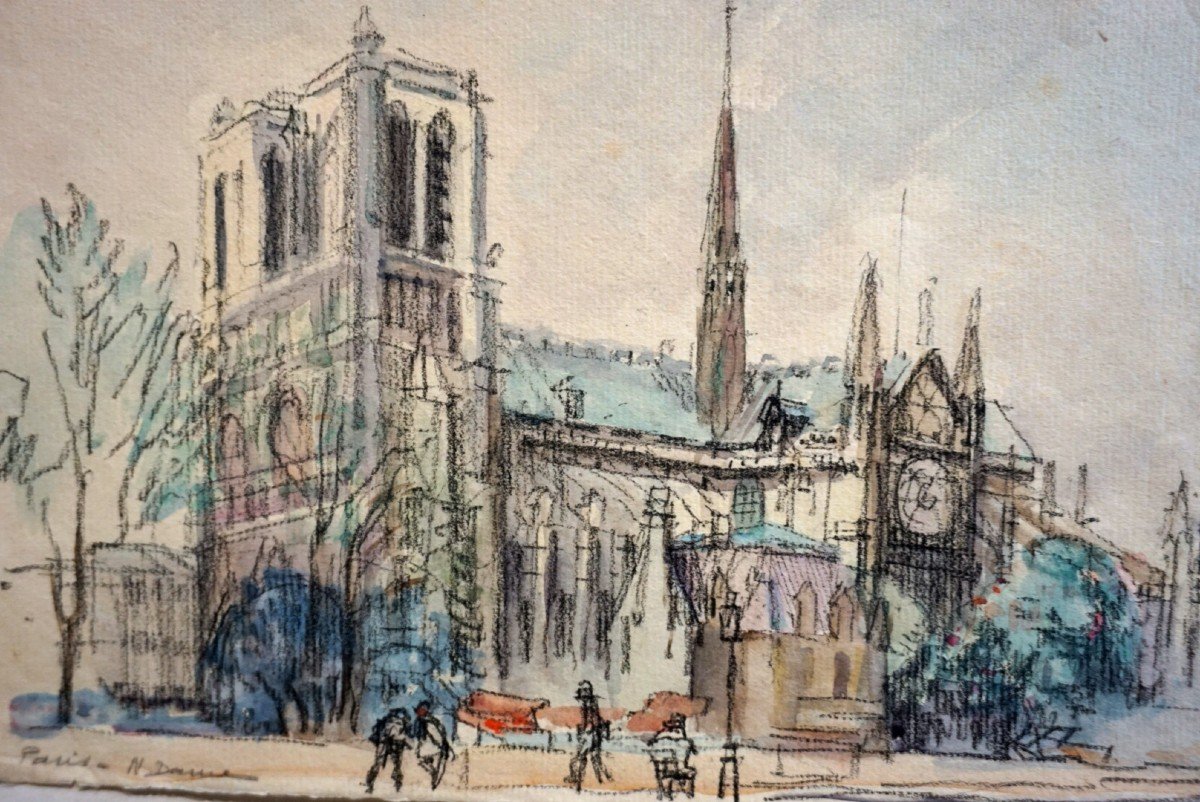 PARIS / NOTRE DAME / ANNÉES 20 / EUGÈNE VÉDER (1876-1936) / AQUARELLE-photo-2