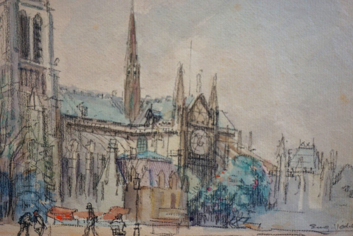 PARIS / NOTRE DAME / ANNÉES 20 / EUGÈNE VÉDER (1876-1936) / AQUARELLE-photo-3