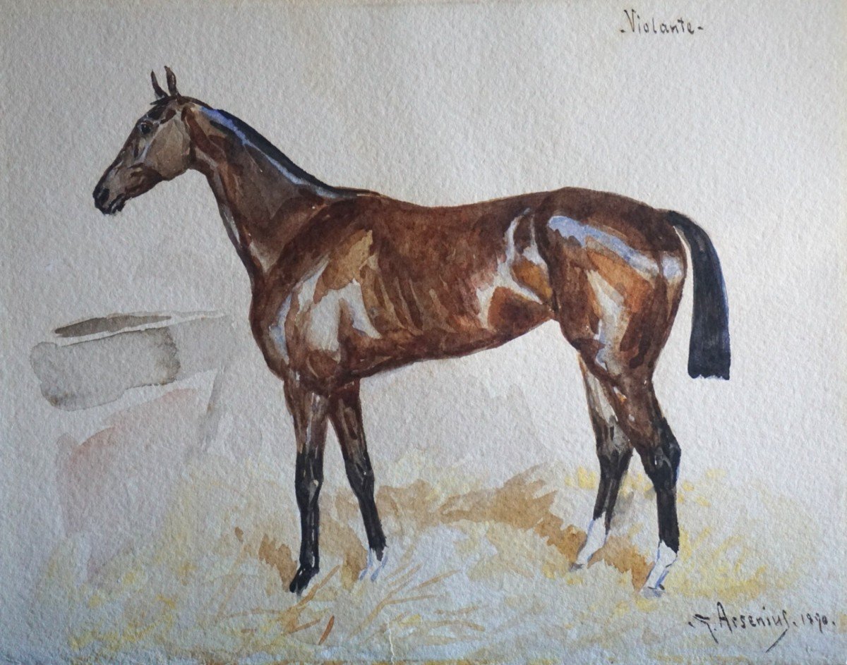 JOHAN G. ARSENIUS (1818-1903) / PORTRAIT D'UN CHEVAL DE COURSE / DATÉE 1870 / AQUARELLE -photo-2