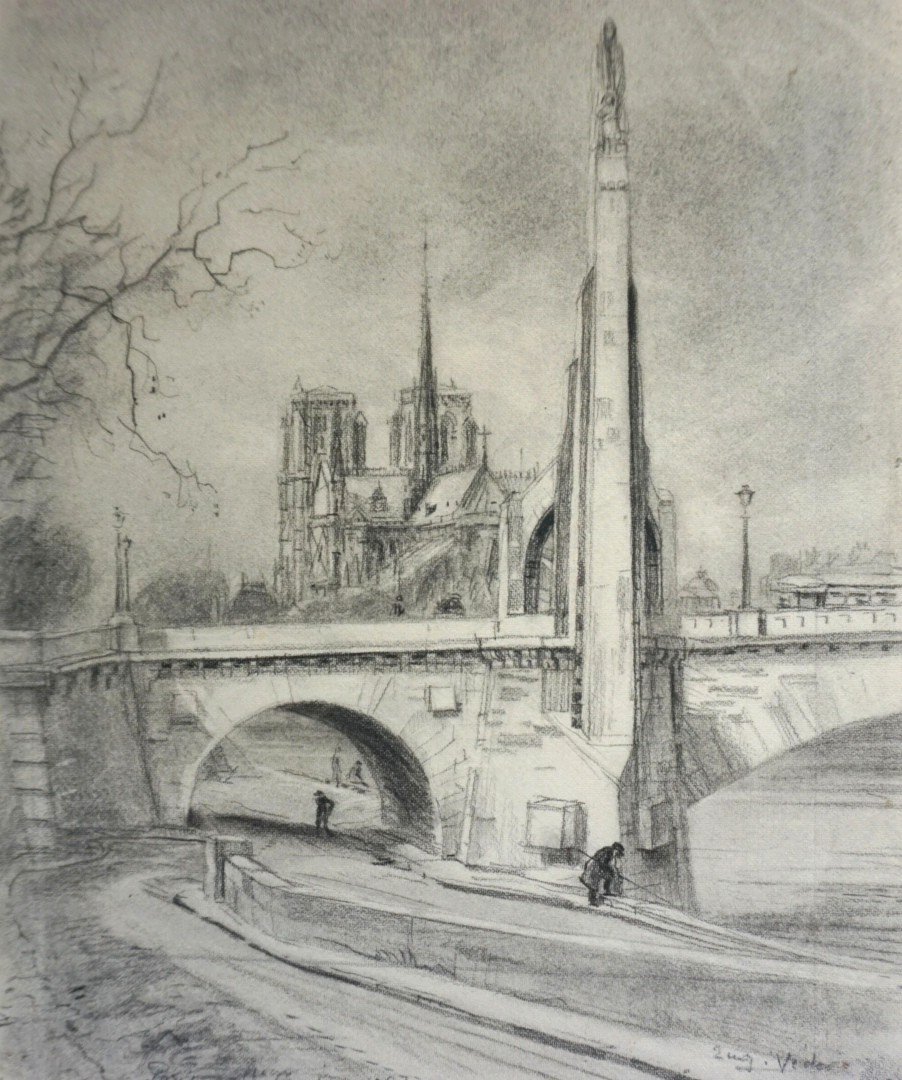 PARIS / STE GENEVIÈVE & NOTRE DAME / ANNÉES 20 / EUGÈNE VÉDER (1876-1936) / DESSIN