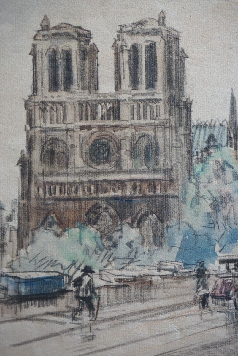 PARIS / QUAI DE NOTRE DAME / ANNÉES 20 / EUGÈNE VÉDER (1876-1936) / AQUARELLE-photo-2