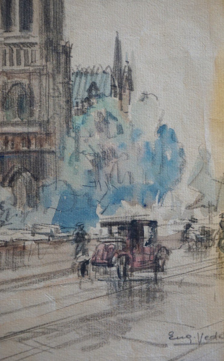 PARIS / QUAI DE NOTRE DAME / ANNÉES 20 / EUGÈNE VÉDER (1876-1936) / AQUARELLE-photo-3