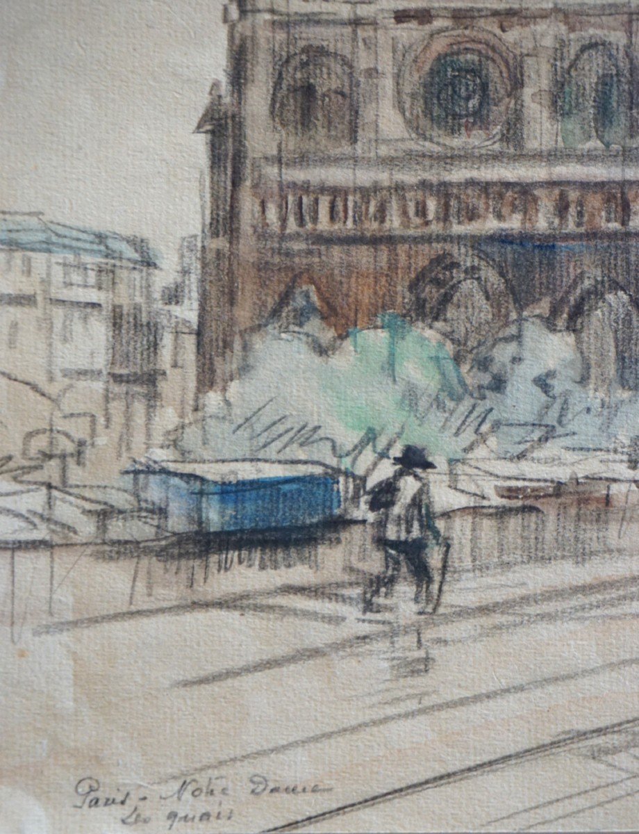 PARIS / QUAI DE NOTRE DAME / ANNÉES 20 / EUGÈNE VÉDER (1876-1936) / AQUARELLE-photo-1