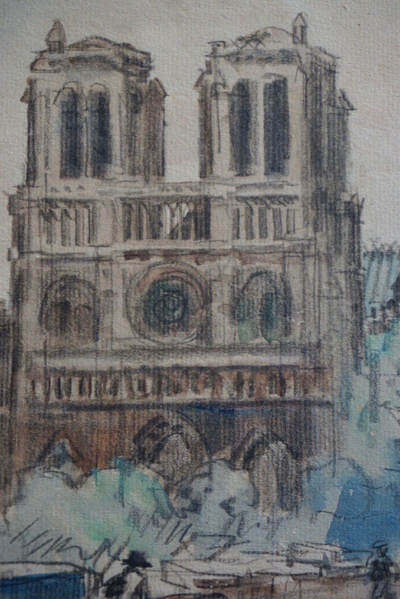 PARIS / QUAI DE NOTRE DAME / ANNÉES 20 / EUGÈNE VÉDER (1876-1936) / AQUARELLE-photo-4