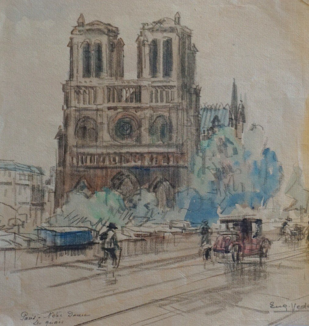 PARIS / QUAI DE NOTRE DAME / ANNÉES 20 / EUGÈNE VÉDER (1876-1936) / AQUARELLE