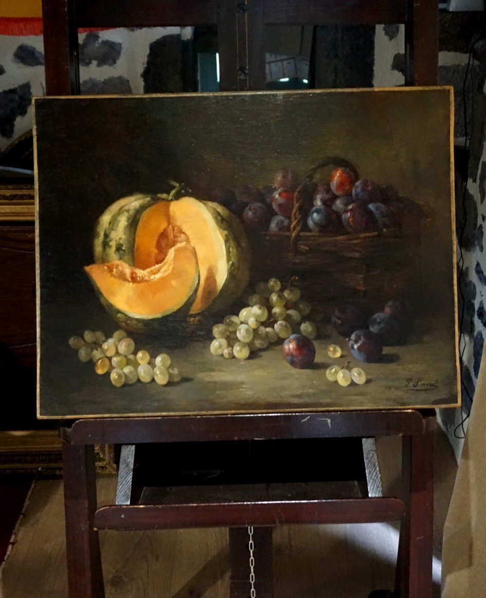 NATURE MORTE À LA CITROUILLE ET FRUITS / XIX ème siècle/ P. SIMONET-photo-3