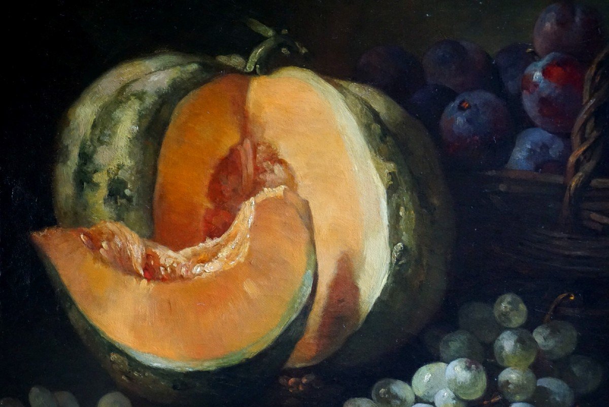 NATURE MORTE À LA CITROUILLE ET FRUITS / XIX ème siècle/ P. SIMONET-photo-1