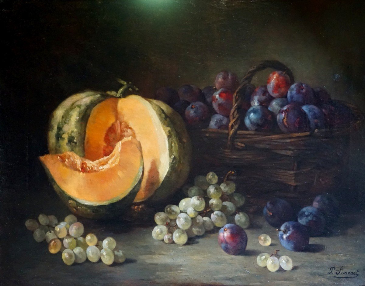 NATURE MORTE À LA CITROUILLE ET FRUITS / XIX ème siècle/ P. SIMONET