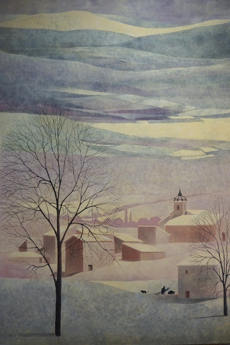 LE LUBERON / PROVENCE / VILLAGE SOUS LA NEIGE / JOHN DEVIC / huile sur toile-photo-2