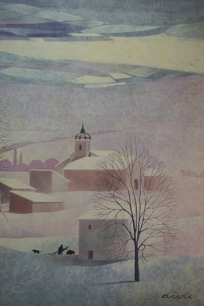 LE LUBERON / PROVENCE / VILLAGE SOUS LA NEIGE / JOHN DEVIC / huile sur toile-photo-4