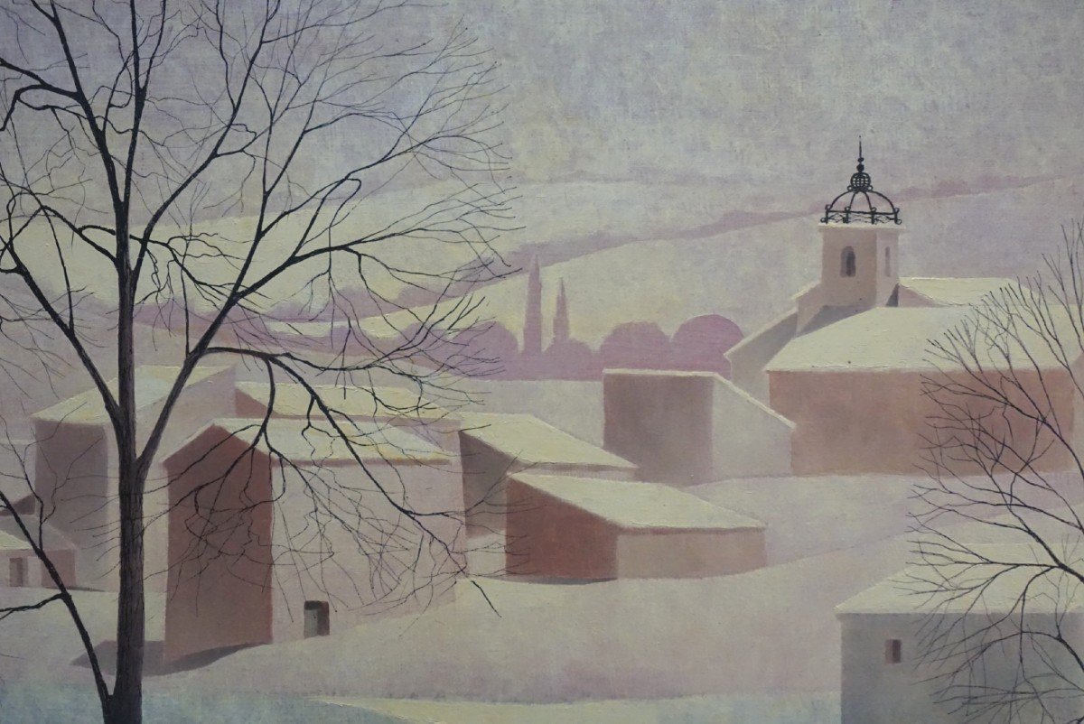 LE LUBERON / PROVENCE / VILLAGE SOUS LA NEIGE / JOHN DEVIC / huile sur toile-photo-2