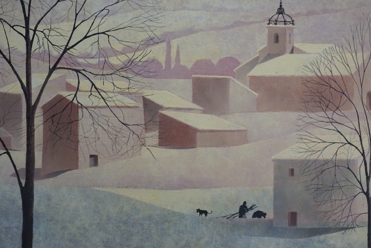 LE LUBERON / PROVENCE / VILLAGE SOUS LA NEIGE / JOHN DEVIC / huile sur toile-photo-3