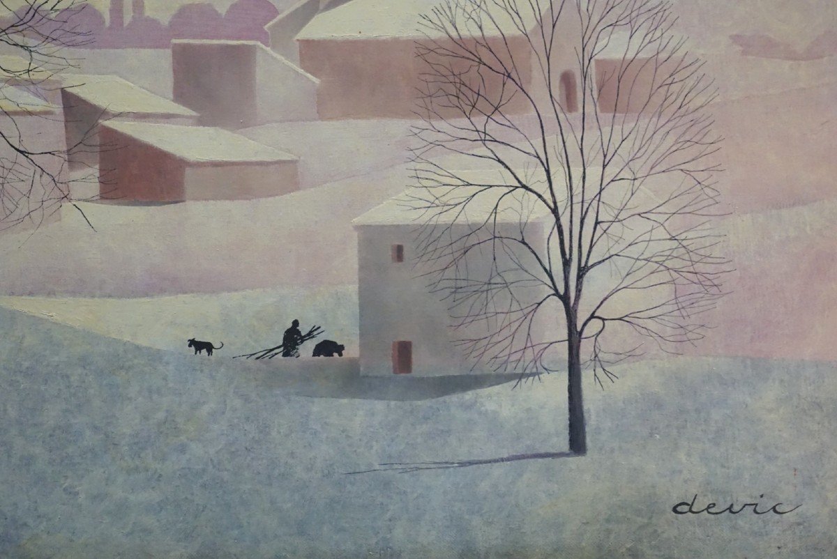 LE LUBERON / PROVENCE / VILLAGE SOUS LA NEIGE / JOHN DEVIC / huile sur toile-photo-5