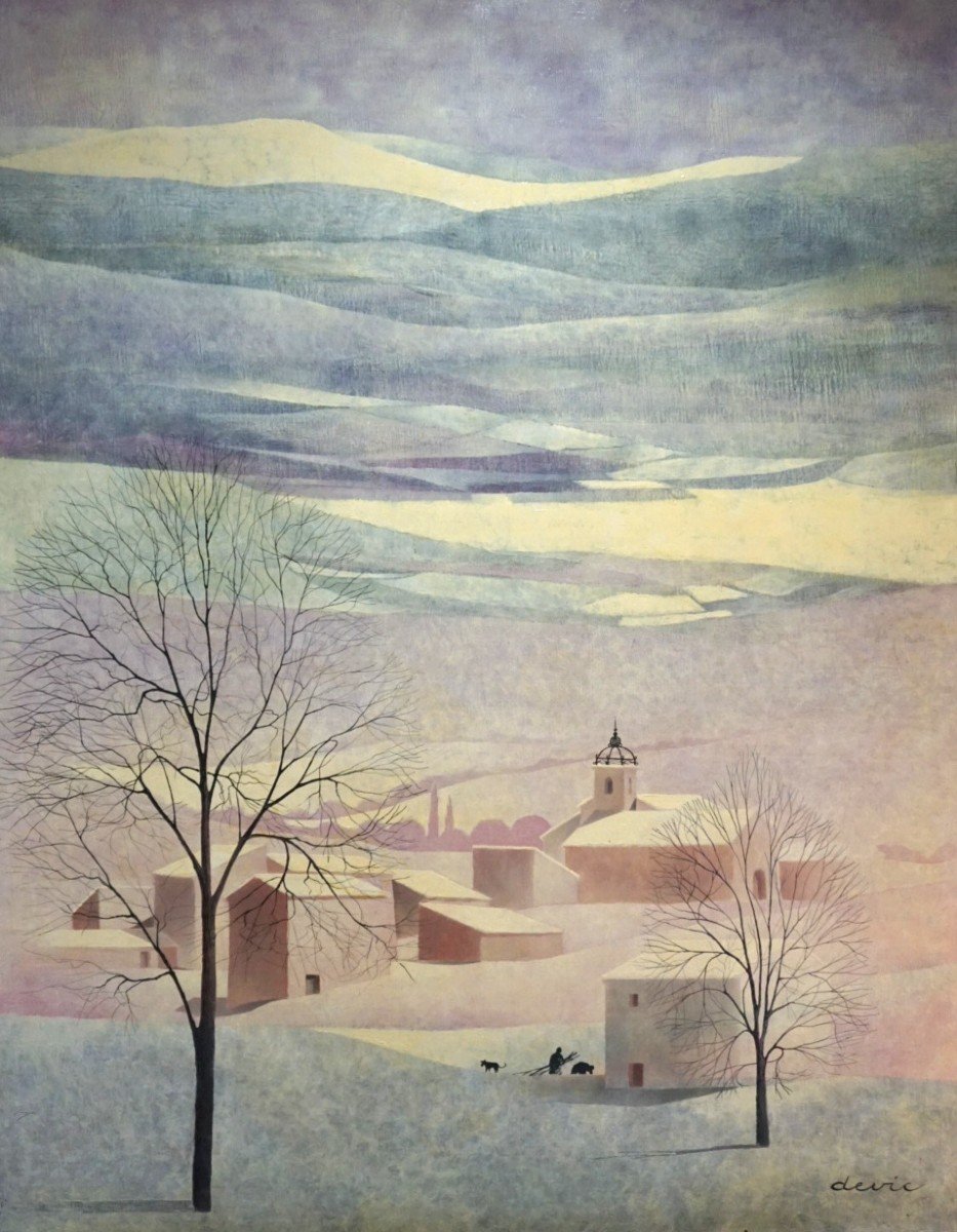 LE LUBERON / PROVENCE / VILLAGE SOUS LA NEIGE / JOHN DEVIC / huile sur toile