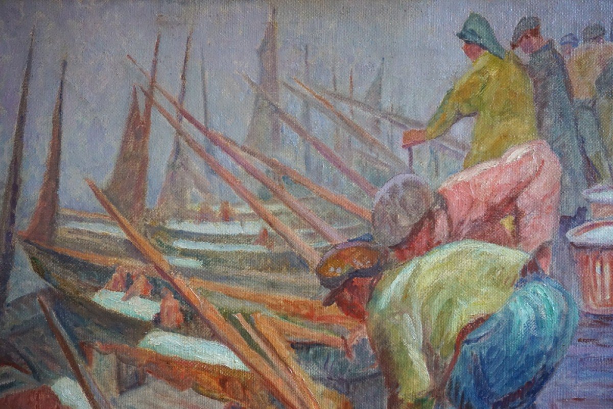 GEORGES GRIOIS (1872-1944) / RETOUR DE PÊCHE AUX HARENGS / BOULOGNE-SUR-MER / huile sur toile -photo-2