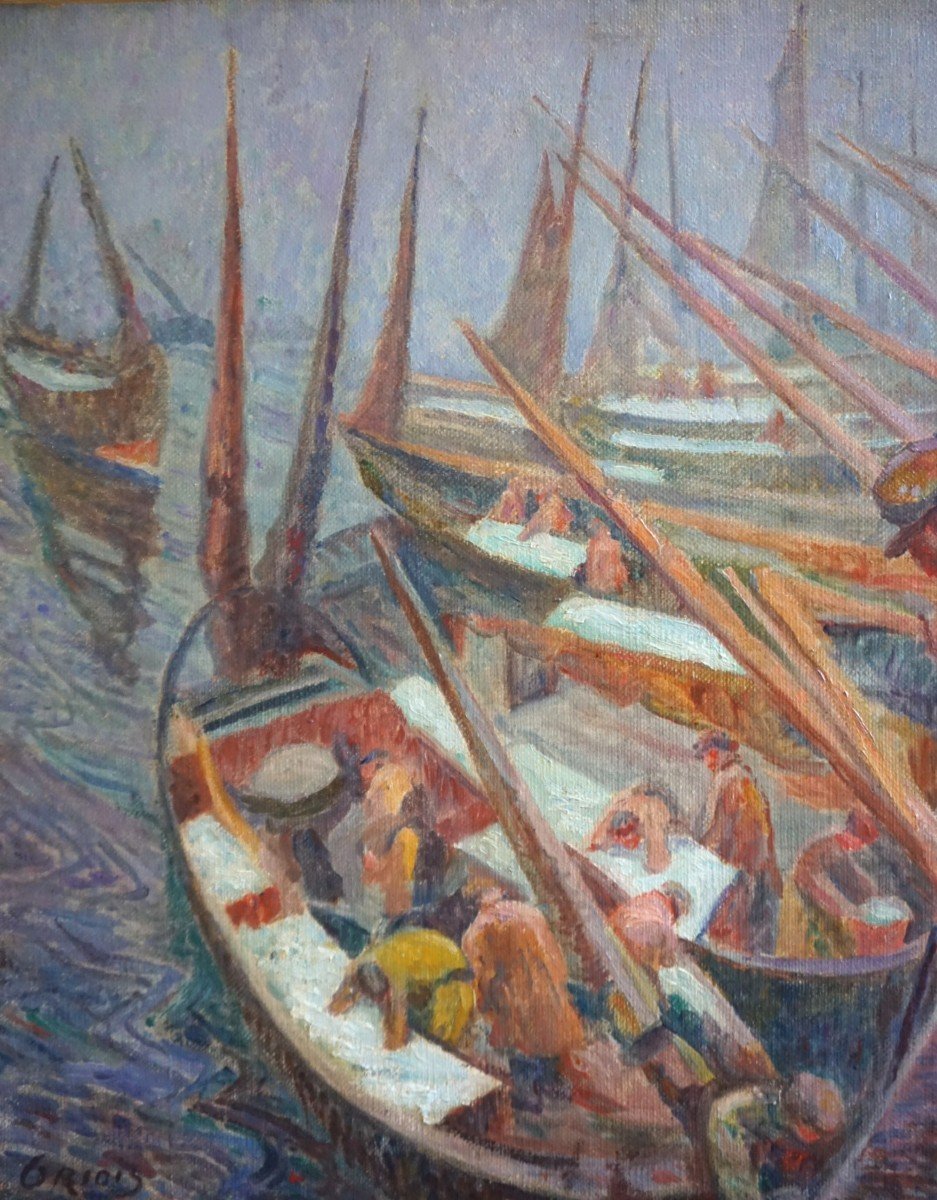 GEORGES GRIOIS (1872-1944) / RETOUR DE PÊCHE AUX HARENGS / BOULOGNE-SUR-MER / huile sur toile -photo-1