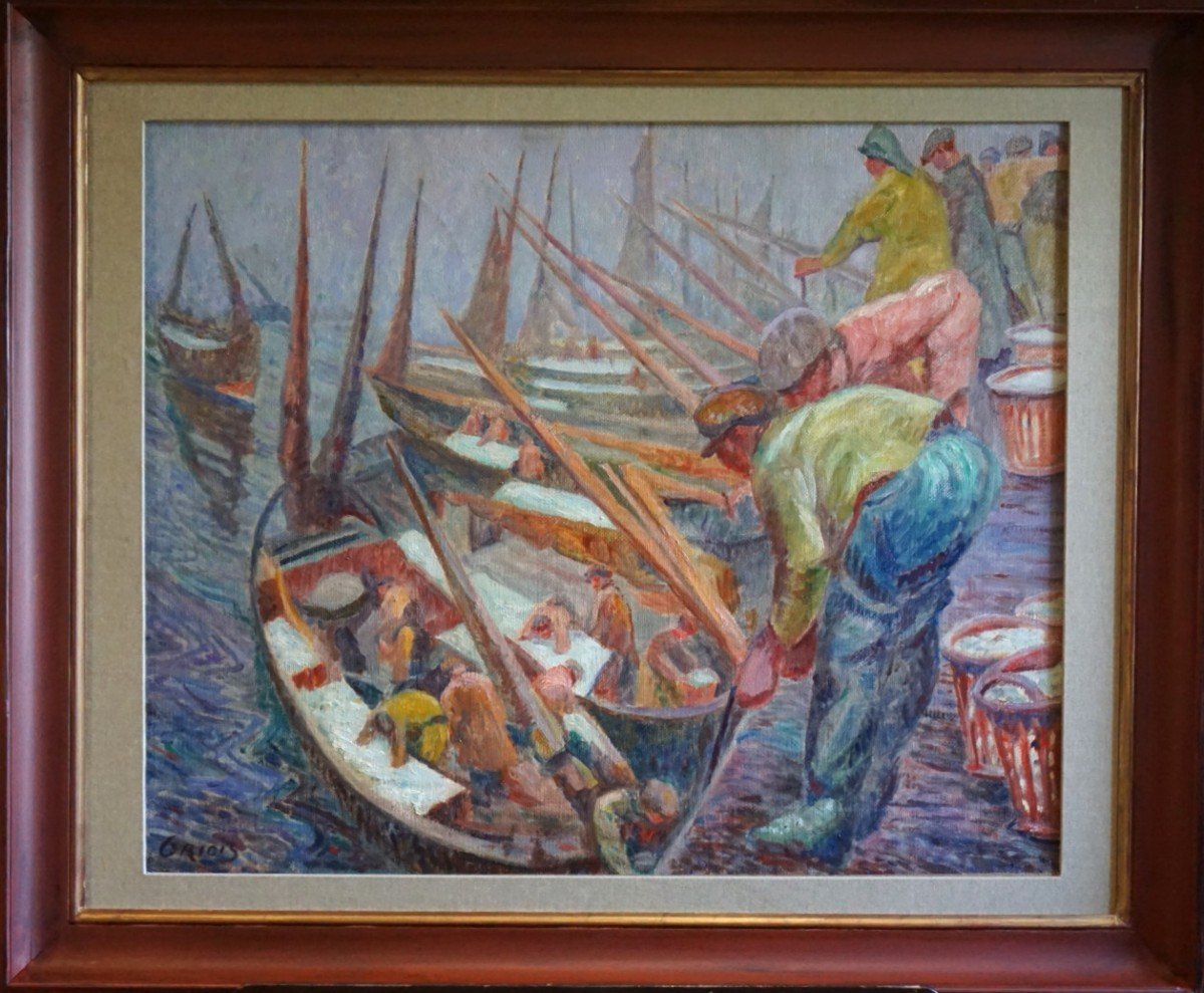 GEORGES GRIOIS (1872-1944) / RETOUR DE PÊCHE AUX HARENGS / BOULOGNE-SUR-MER / huile sur toile -photo-7