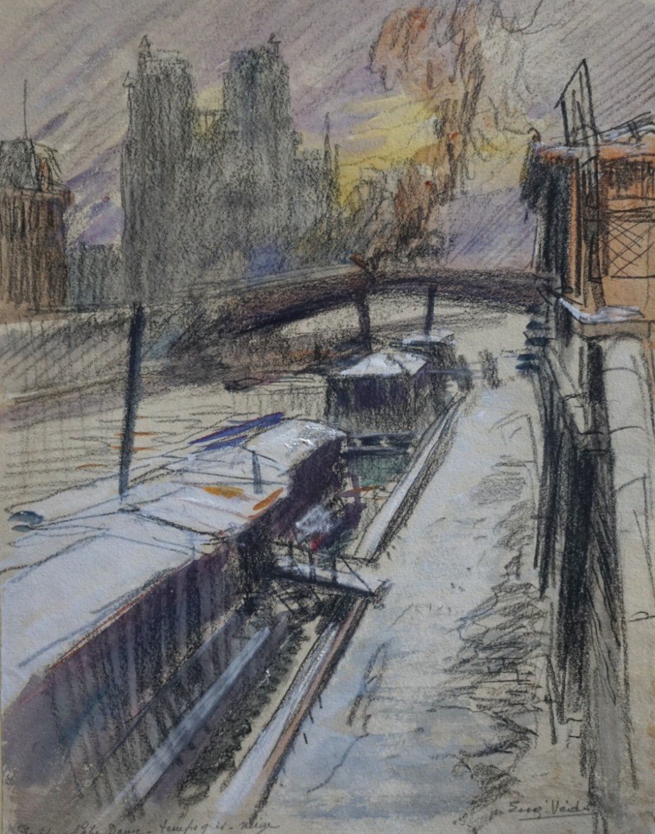 PARIS BORDS DE SEINE / QUAI SAINT MICHEL / CIRCA 1910 / EUGÈNE VÉDER (1876-1936)