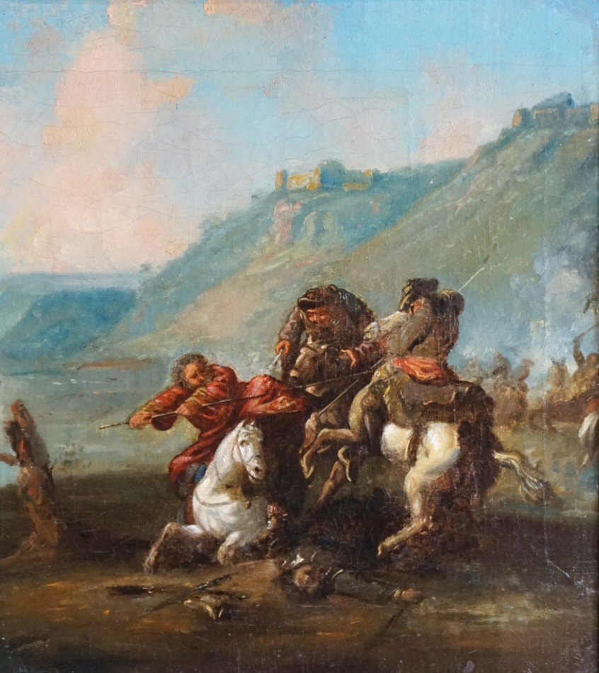 ÉCOLE DU XVIII ème SIÈCLE / COMBAT DE CAVALIERS / Huile Sur Toile-photo-2