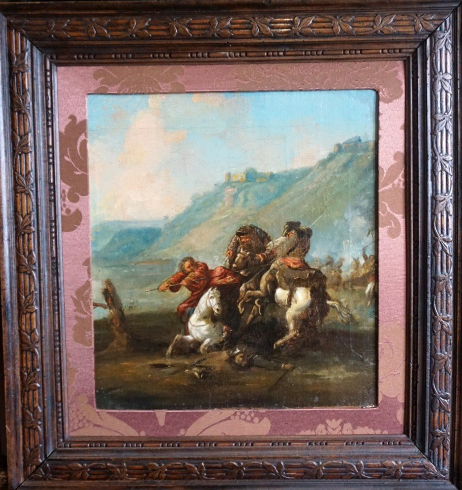 ÉCOLE DU XVIII ème SIÈCLE / COMBAT DE CAVALIERS / Huile Sur Toile