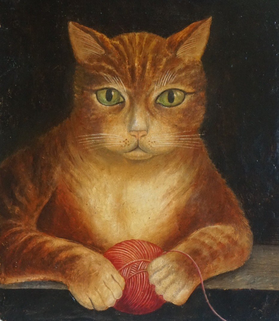 ÉCOLE NAÏVE DU XIX ème siècle / PORTRAIT DE CHAT / huile sur papier-photo-3