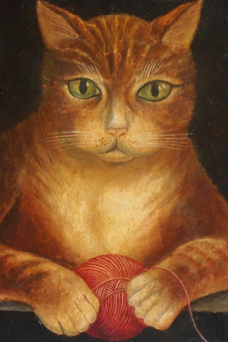 ÉCOLE NAÏVE DU XIX ème siècle / PORTRAIT DE CHAT / huile sur papier-photo-1