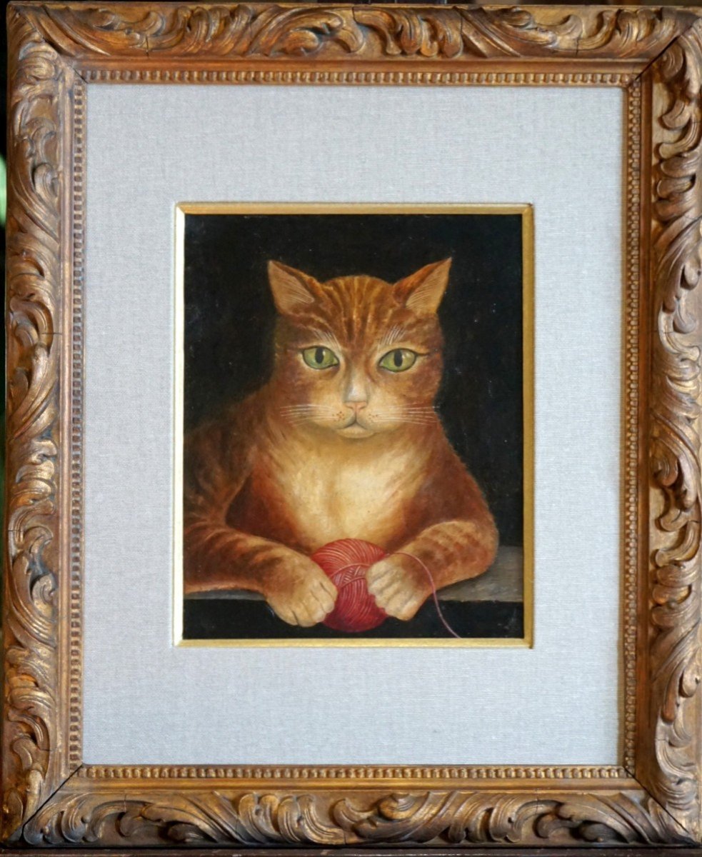 ÉCOLE NAÏVE DU XIX ème siècle / PORTRAIT DE CHAT / huile sur papier-photo-2