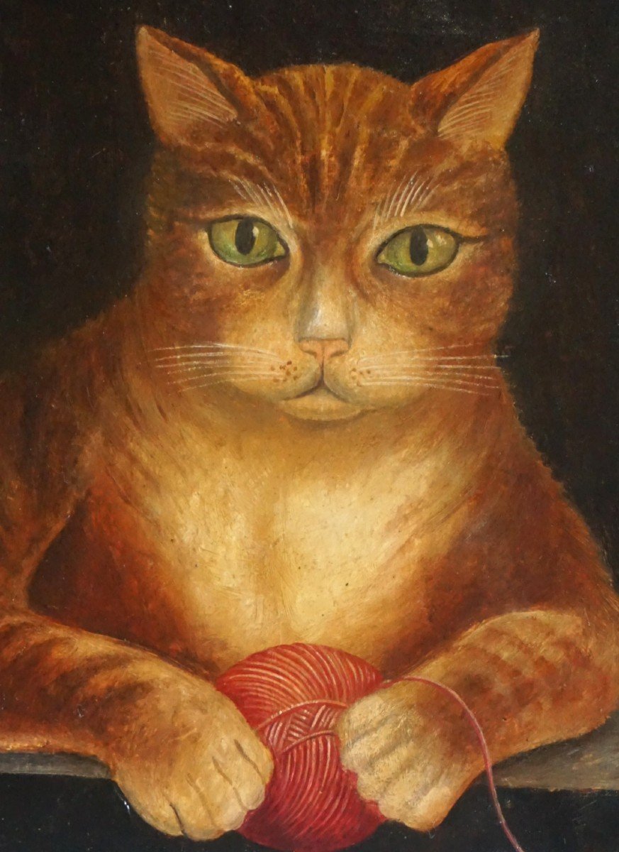 ÉCOLE NAÏVE DU XIX ème siècle / PORTRAIT DE CHAT / huile sur papier-photo-5