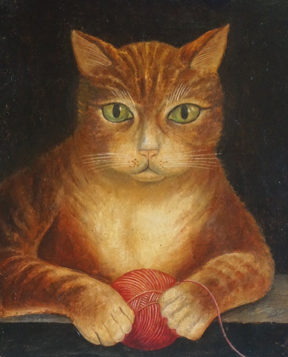 ÉCOLE NAÏVE DU XIX ème siècle / PORTRAIT DE CHAT / huile sur papier