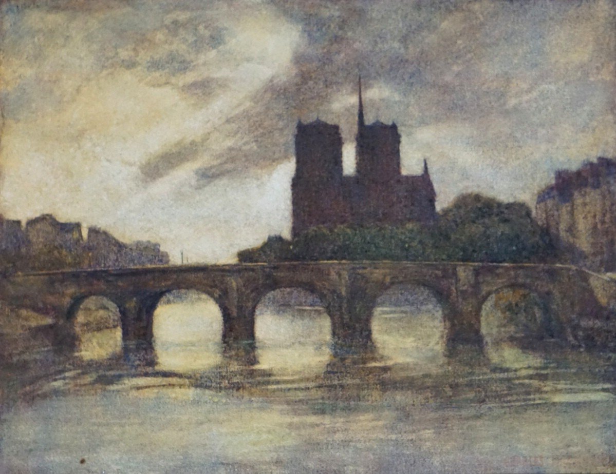 CHARLES G. MAUNDRELL (1860-1924) / NOTRE DAME DE PARIS À L' AUBE / fin XIX ème siècle / pastel-photo-2