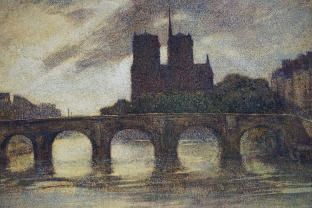 CHARLES G. MAUNDRELL (1860-1924) / NOTRE DAME DE PARIS À L' AUBE / fin XIX ème siècle / pastel-photo-3