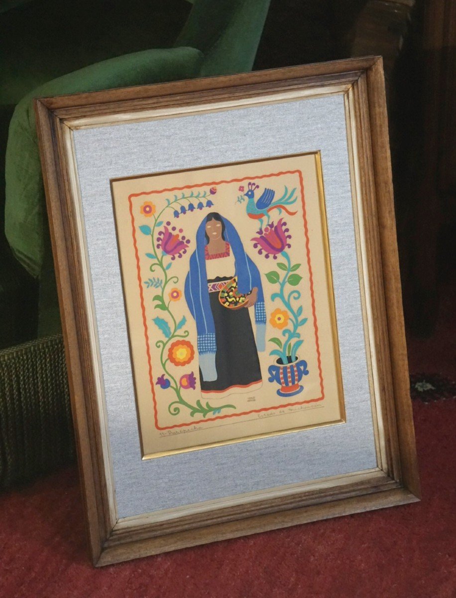 CARLOS MERIDA (1891-1984) / FEMME MEXICAINE /  pochoir à la gouache-photo-2