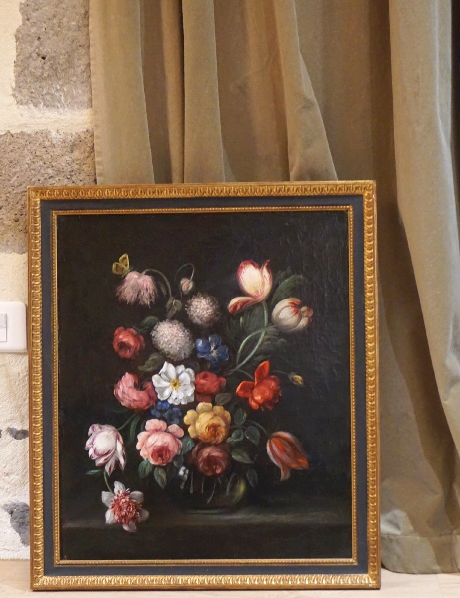 XIX ème siècle / BOUQUET DE FLEURS SUR ENTABLEMENT / huile sur toile-photo-3